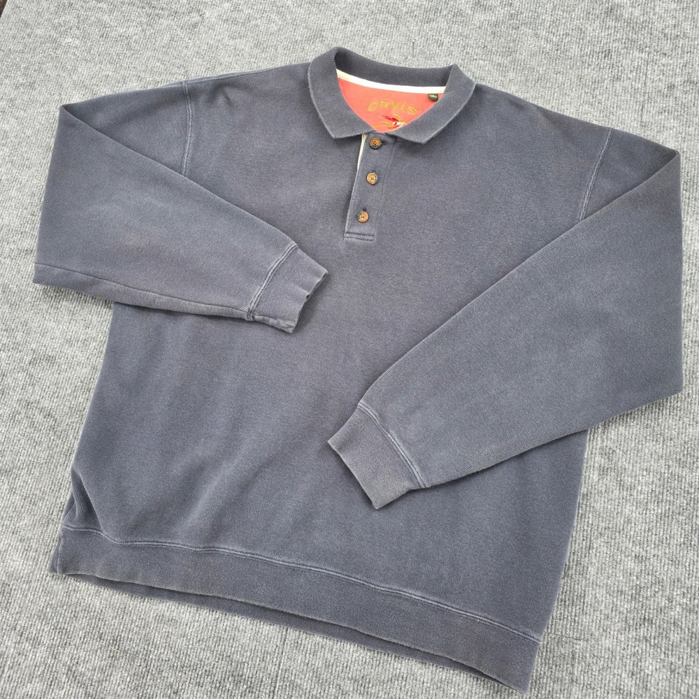 Orvis Mens Large Faded Navy Blue 100% Cotton Long Sleeve Polo Sweatshirt Heavy - Picture 1 of 6
